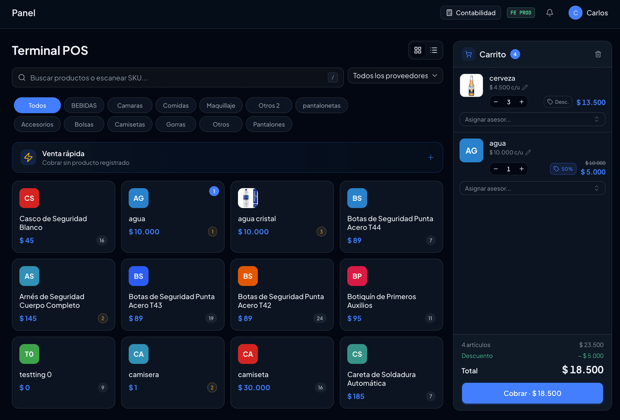 Terminal POS de POS Cloud mostrando catálogo de productos y carrito de venta